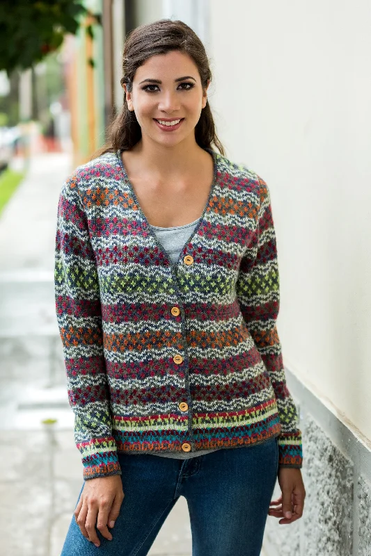 Rainbow Mist V-neck Alpaca Cardigan with Cedar Buttons Elegant Classic Vintage