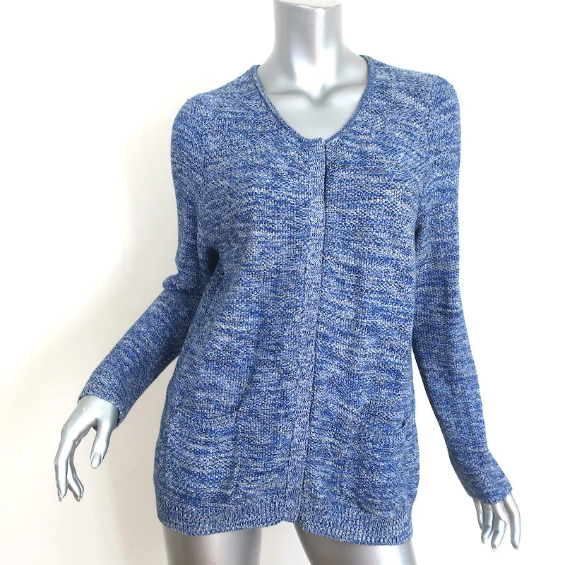 Sandro Metallic Tweed Knit Cardigan Blue Linen-Blend Size 3 Snap Front Sweater Glossy Satin Silk