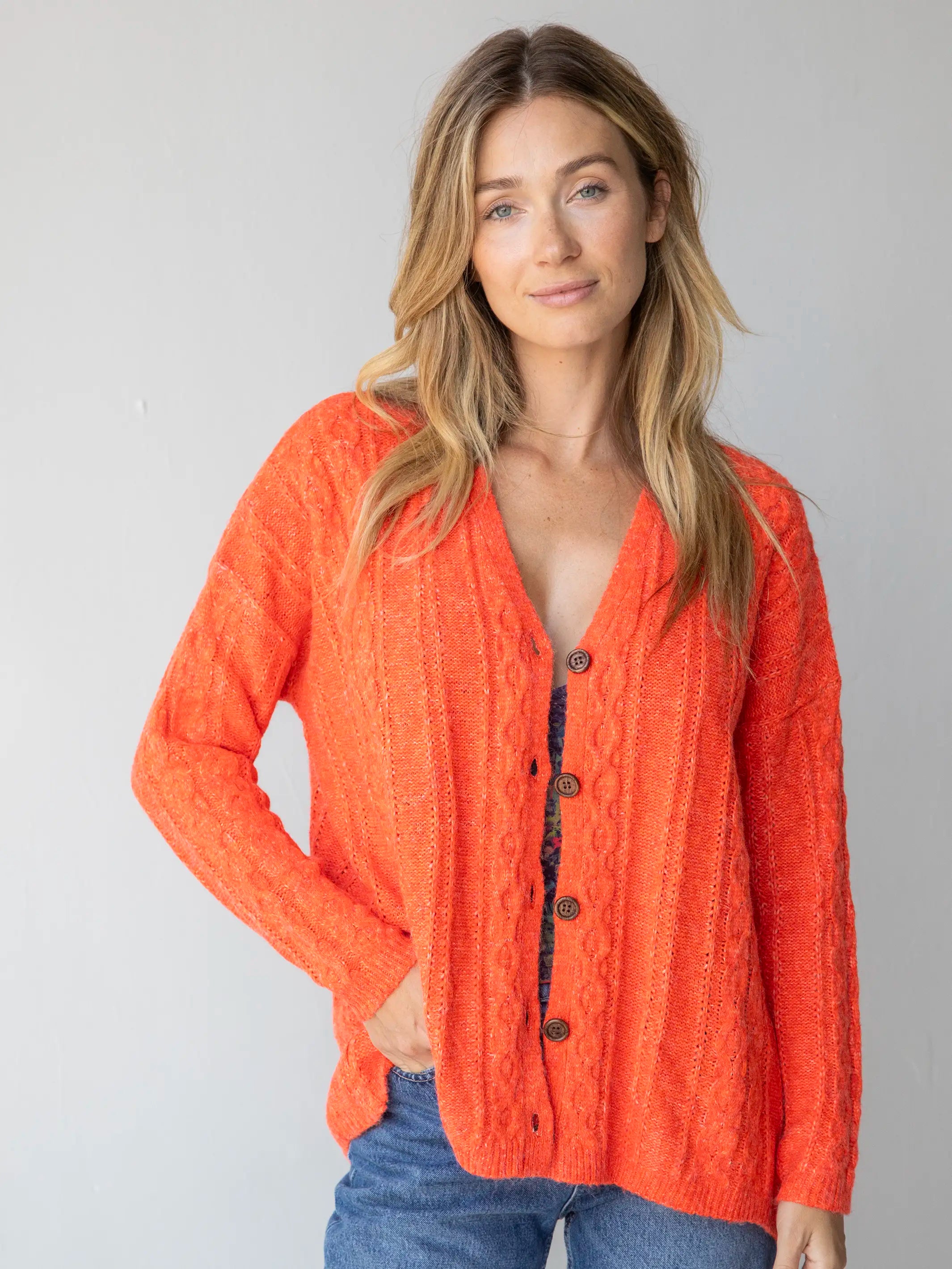 So Soft Grandpa Cardigan - Orange Crush Chenille Blend Fleece Blend Nylon Blend