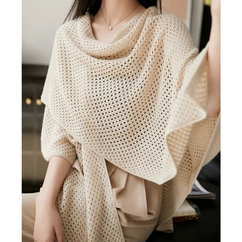 Solid Knitted Loose Office Shawl Hollow Cardigan Cape Sweater Toggled Drawstring Belted