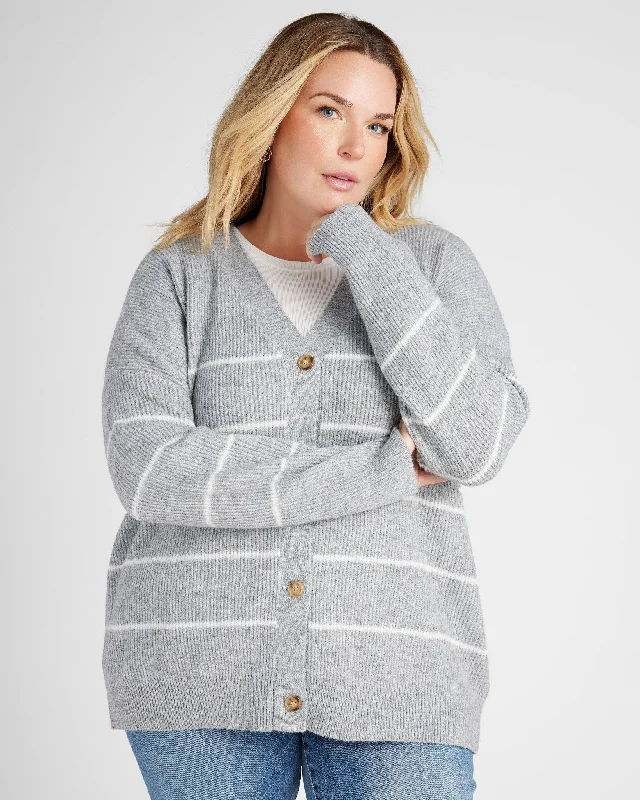 Plus Size Stripe Button Front Cardigan Layered Multi-layer Single Layer