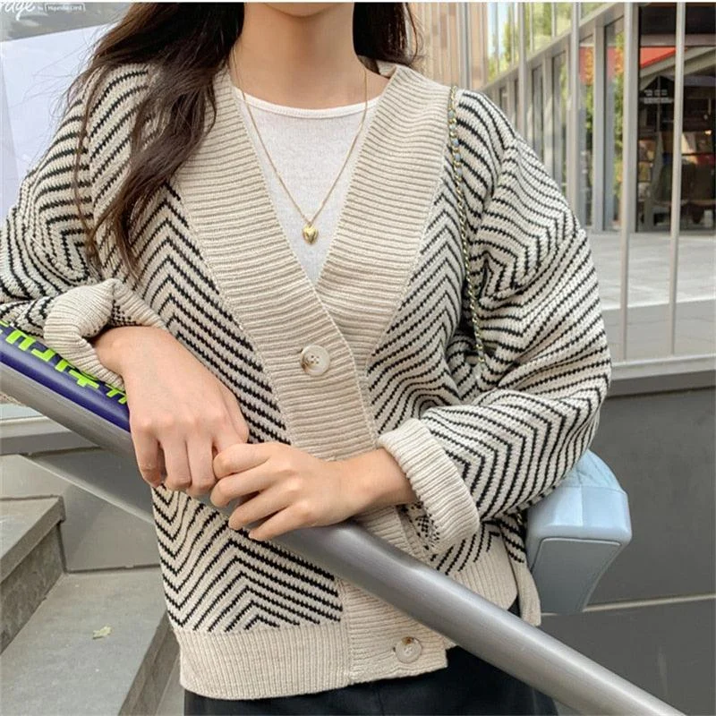 Striped Oversized Women Cardigan Terry Terry Cloth Terry Knit