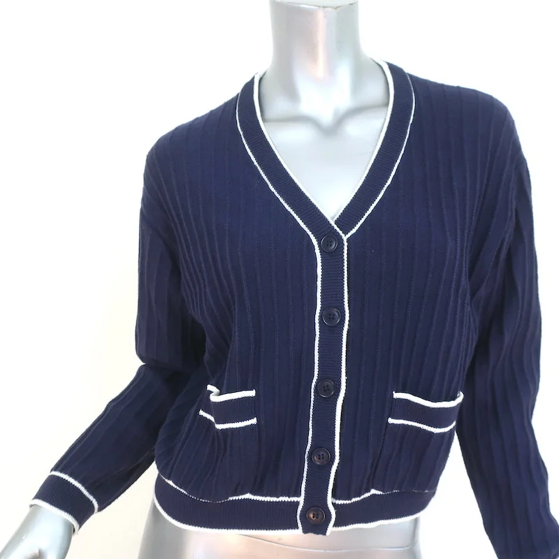 THE GREAT The Athletic Cardigan Navy Ribbed Knit Size 1 V-Neck Sweater Stylish Fashionable Trendy