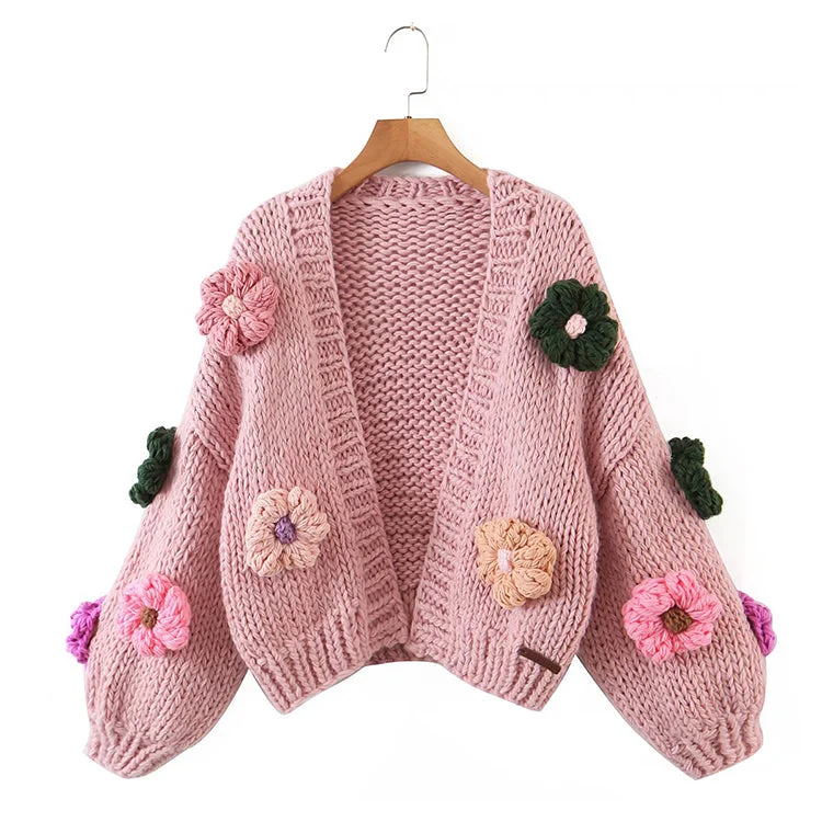 Three dimensional flower thick stick needle knitted cardigan  7374 Open Front Closed Front Wrap Front