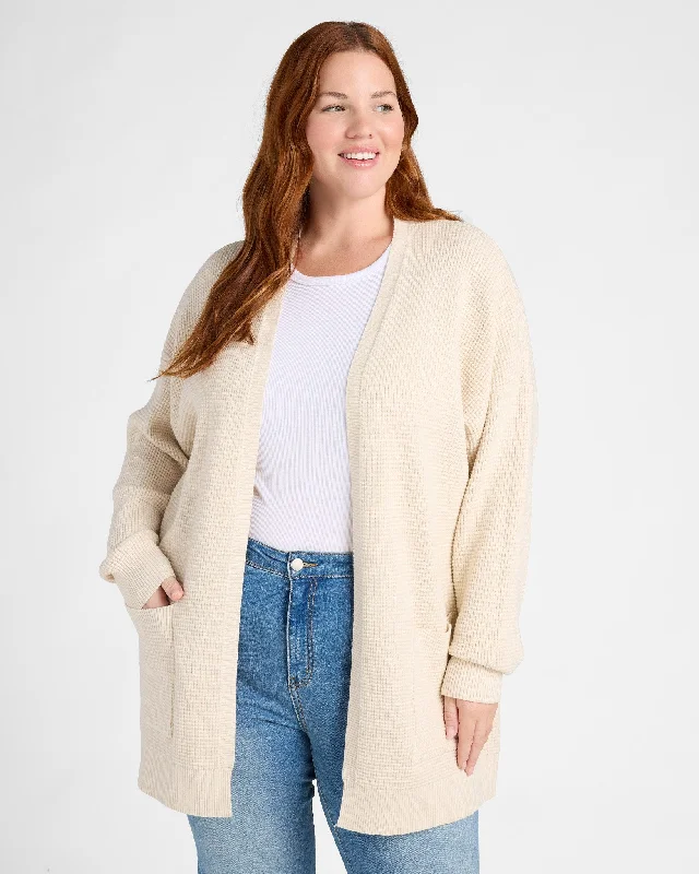 Plus Size Waffle Long Line Cardigan Crew Neck V-Neck Turtle Neck