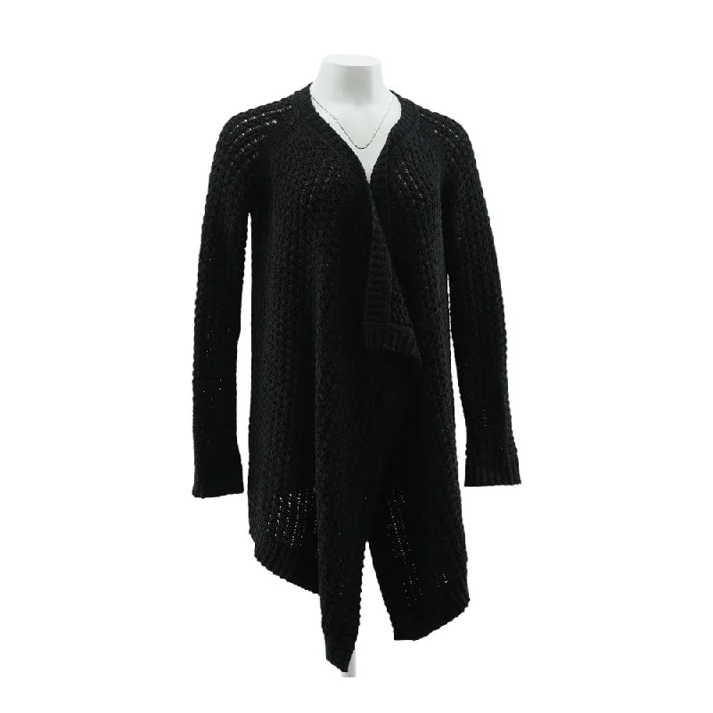 Black Solid Cardigan Sweater Real Fur Shearling Chenille