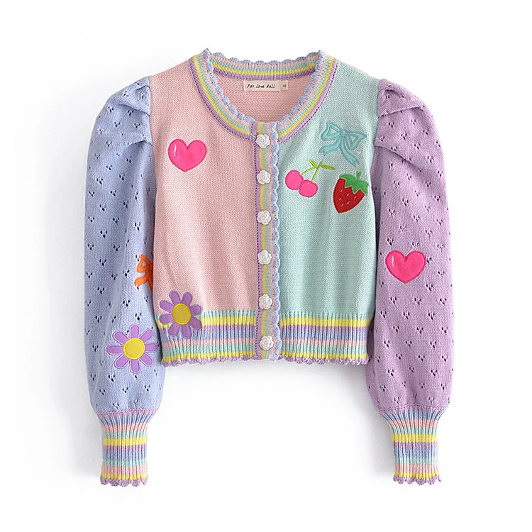 Fruit love embroidered knitted cardigan sweater coat  7310 Herringbone Houndstooth Plaid