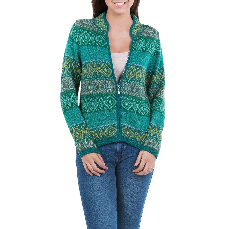 Green Andean Countryside Alpaca Cardigan Casual Formal Business