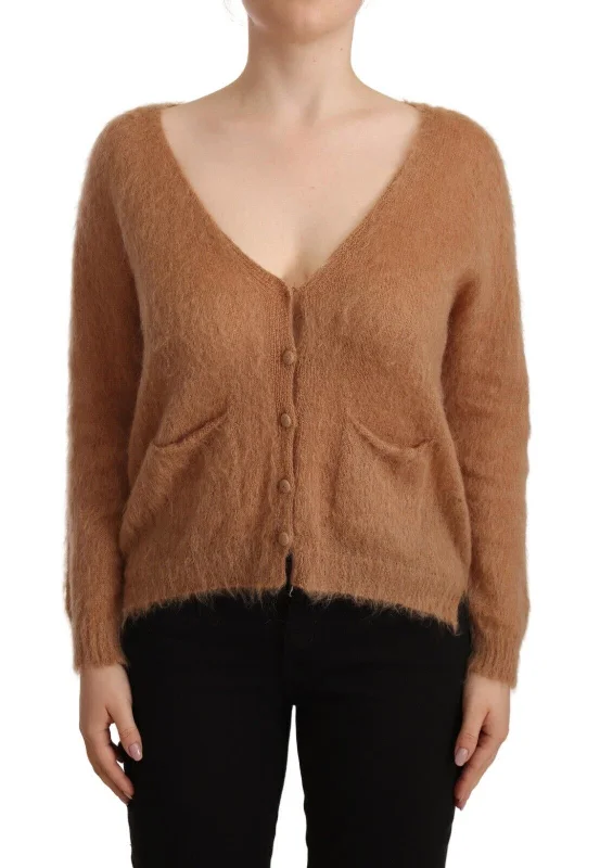 PINK MEMORIES Chic Brown Knit Cardigan with Front Button Closure Notch Collar Peter Pan Collar Cowl Neck