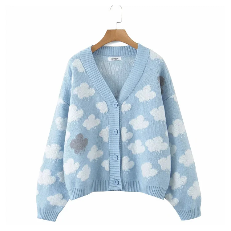 Sweet aging V-neck cloud jacquard knitted cardigan  7312 Chenille Brocade Lace