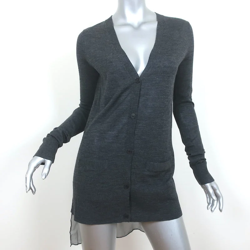 Vera Wang Chiffon-Hem Cardigan Charcoal Wool Size Medium V-Neck Sweater Stretchy Elastic Breathable