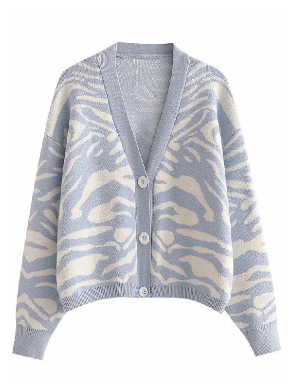 Versatile animal jacquard V-Neck long sleeve loose knit cardigan coat  7247 Collared Crew Neck Turtle Neck