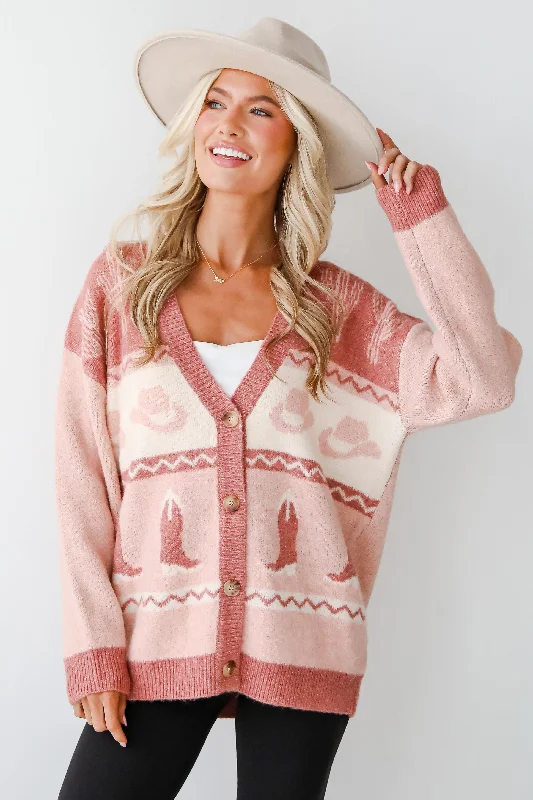 Western Vibes Blush Sweater Cardigan Ribbed Striped Patterned