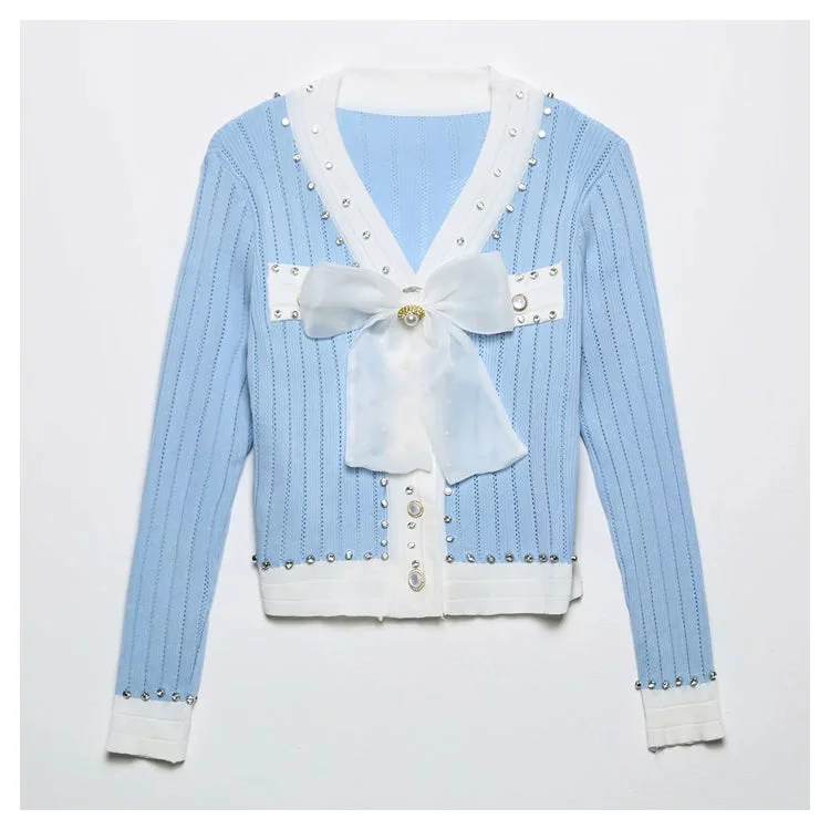 Xiaoxiangfeng V-neck heavy industry rivet bow knit cardigan  7294 Solid Print Embellished